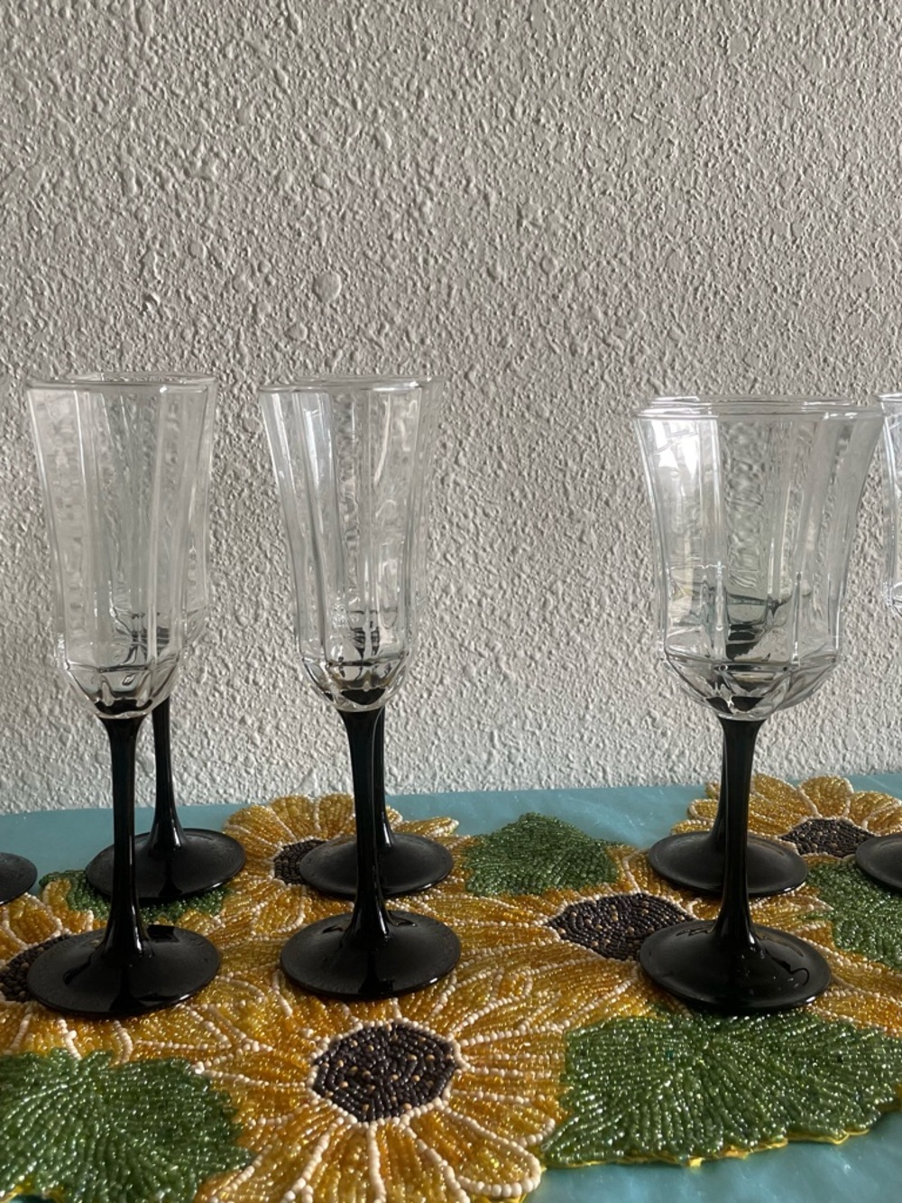 Set of 6 Clear Glass Goblets with Black Stems